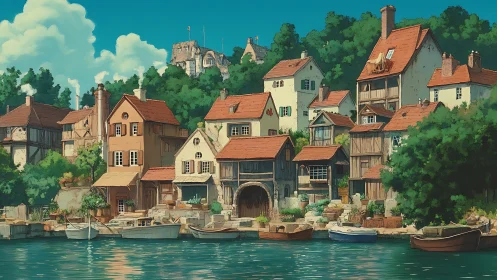 Riverside village with red-roof houses and moored boats.