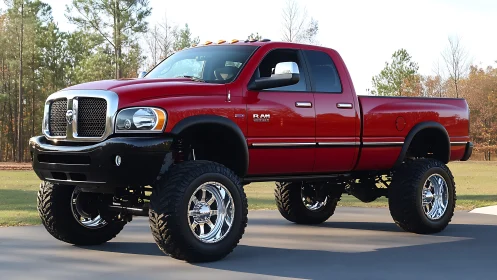 Red lifted Dodge Ram pickup truck on paved driveway outdoors.