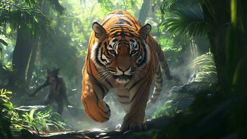 Kinetically rendered tiger charge in volumetric jungle light.