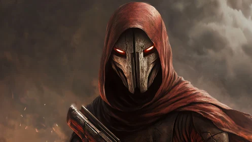 Hooded war-specter studies the storm with ember-lit gaze
