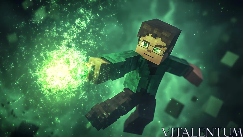 Pixel hero channels glowing green magic in deep space storm