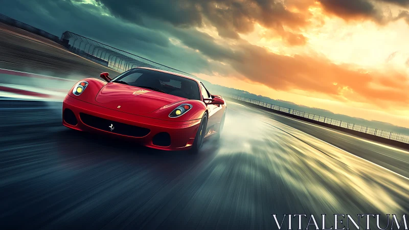 Red supercar powers through wet racetrack at sunset.