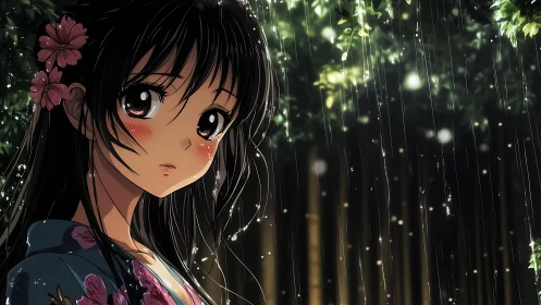 Girl in yukata stands under rainfall in illuminated forest