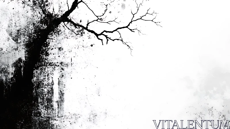 Stark black tree silhouette dissolves into abstract ink field