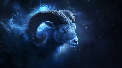 Celestial ram portrait in luminous cosmic blue nebula glow.