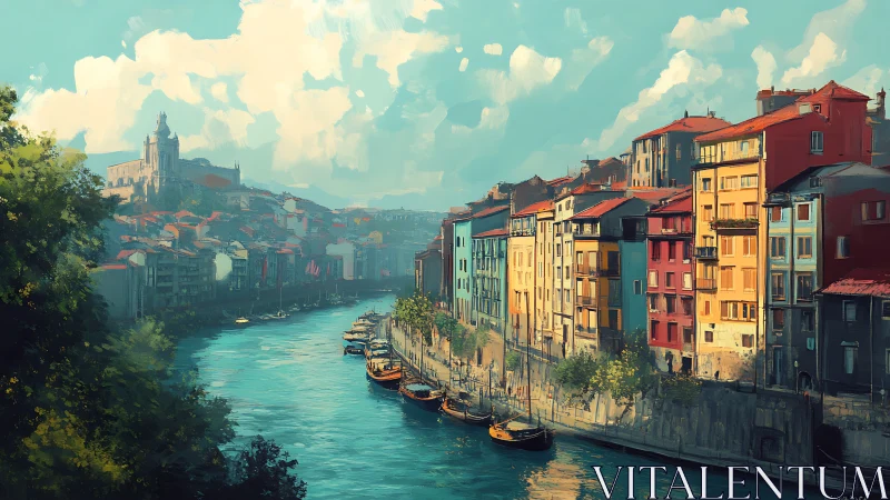 Sunlit riverside city glows with colorful stacked houses.