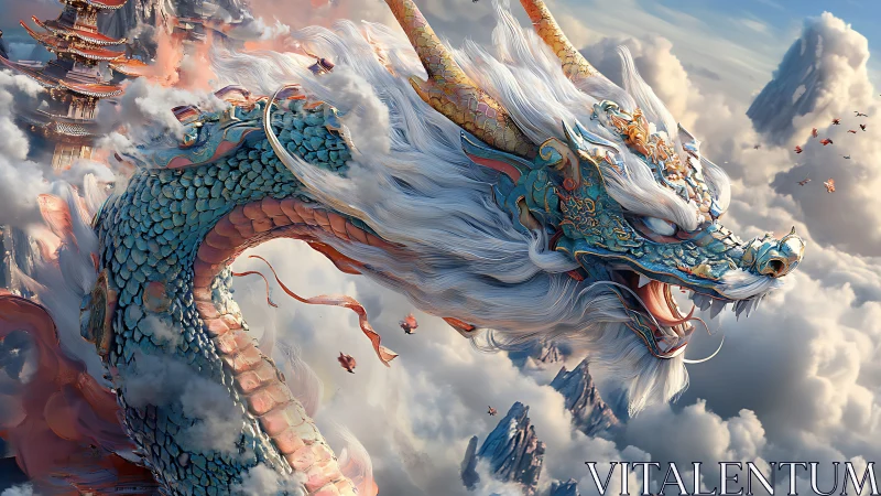 Cerulean eastern dragon arcs through ethereal cloudscape