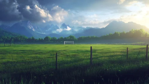 Sunlit mountain meadow with a quiet, inviting soccer field.