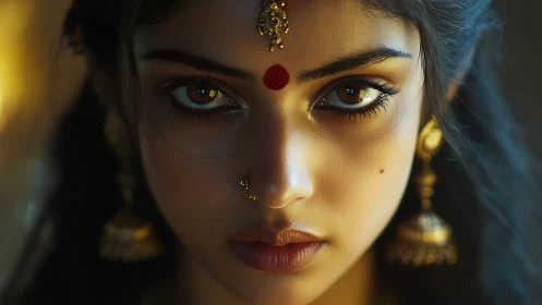 Intense frontal portrait in warm cinematic photorealistic light