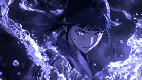 Intense anime warrior girl controls swirling blue water.
