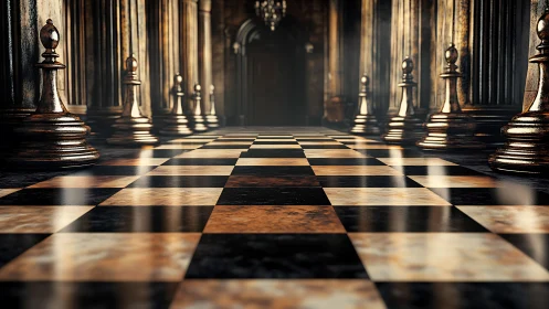 Regal chess corridor stretches into a dim, strategic haze