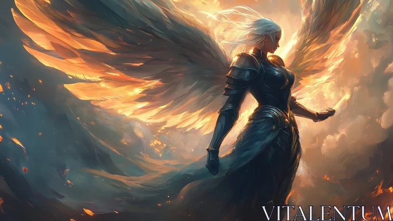 Armored seraphim silhouette commands blazing, backlit wings