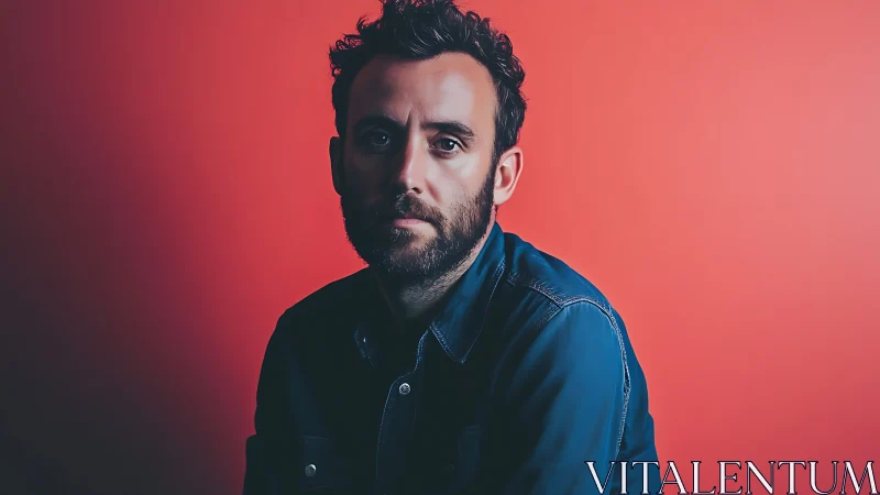 Moody denim portrait leans quietly into glowing red silence