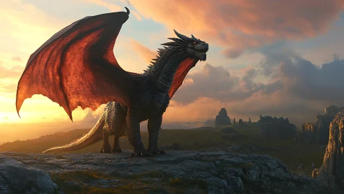 Sunlit black dragon guards windswept rocky highlands.