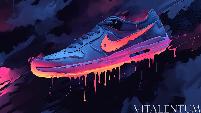 Neon sneaker floats over dark background with melting sole