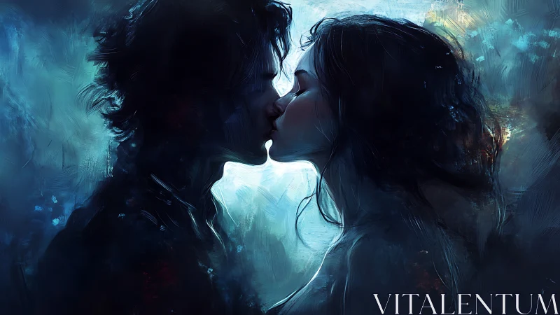 Two Silhouettes Kiss in Ethereal Blue Light