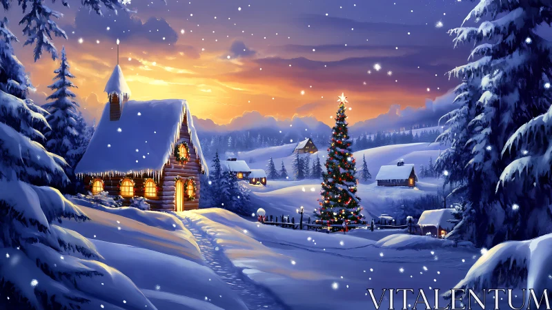 Snowy village glows under sunset sky with decorated tree