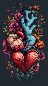 Anatomical Heart with Botanical Flourish in Surreal Composition.