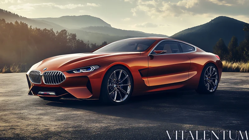 Orange BMW coupe stands on mountain road at sunset light