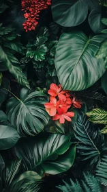 Photorealistic tropical foliage with central scarlet blooms.
