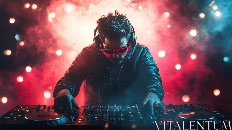 Neon night DJ mixing beats in a cloud of glowing color.