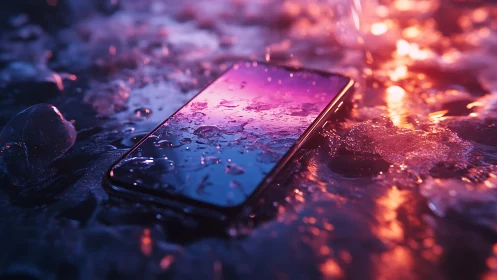 Iridescent smartphone submerged in bicolor thermic meltwater.