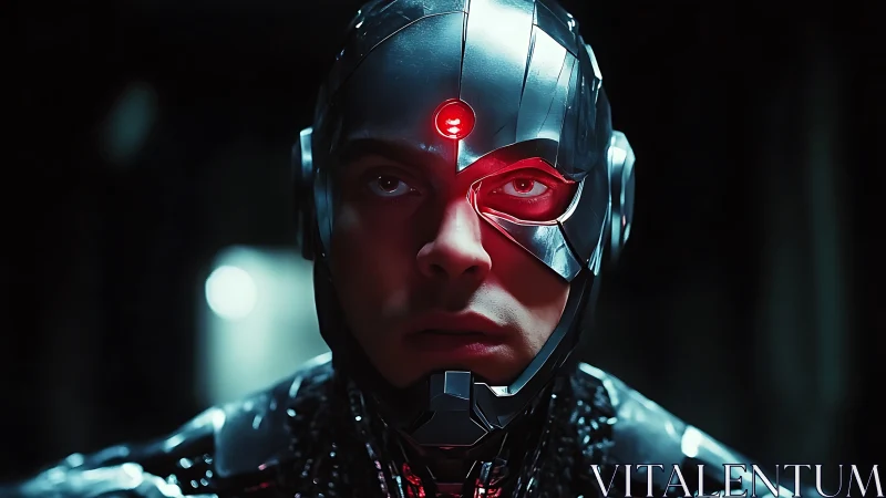 Cyborg portrait with illuminated ocular implant in noir lighting