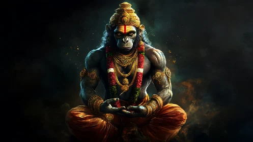 Divine monkey warrior meditates in ember-streaked shadow calm