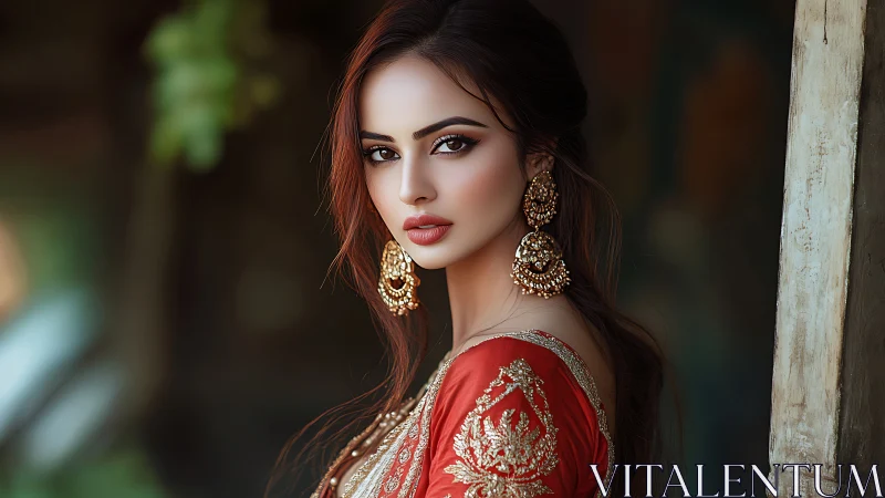 Digital portrait of woman in embroidered sari with ornate jewelry