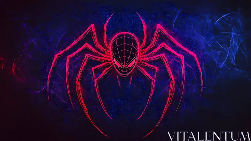 Spider-shaped neon emblem overlays stylized webbed mask