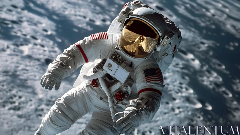Solo spacewalk over the moonlit surface, calm and bold.