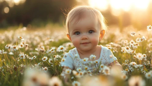 Toddler Portrait in Daisy Field at Golden Hour