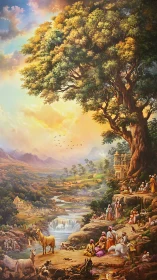 Golden riverside village gathering under a majestic tree.