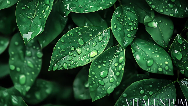 Rain-soaked green leaves capture crisp surface reflections