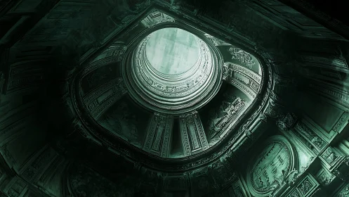 Ornate domed ceiling interior glows through central oculus opening