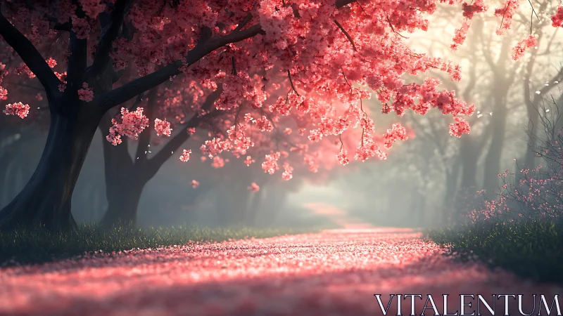 Sunlit cherry blossom path inviting a quiet wanderer.