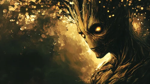 Wooden humanoid figure stands in glowing bokeh environment