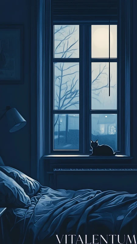 Cat on bedroom windowsill under blue moonlit night.