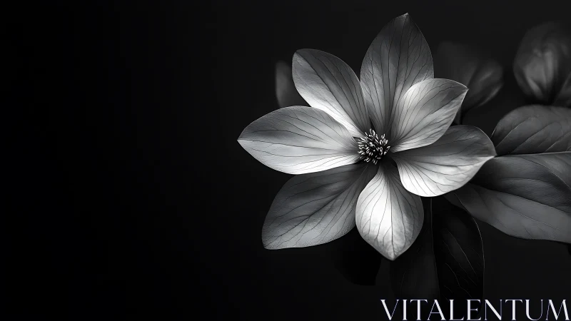 Black and white flower with six petals against dark background