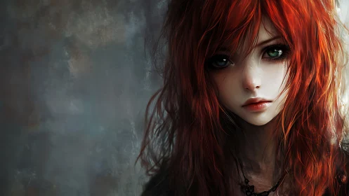 Melancholic red haired girl portrait with soft bokeh backdrop