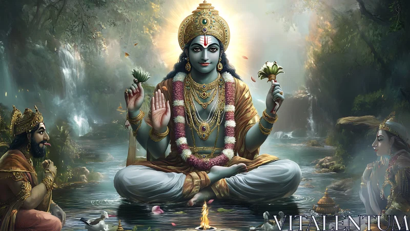 Four-armed seated deity rendered in detailed river landscape