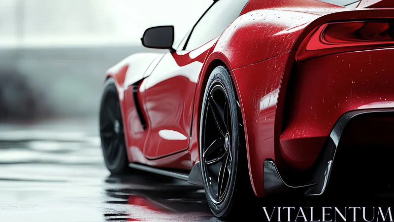 Red sports car rear view in wet urban setting at rest.