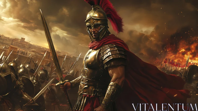 Roman legion commander in ornate armor amid burning siege.