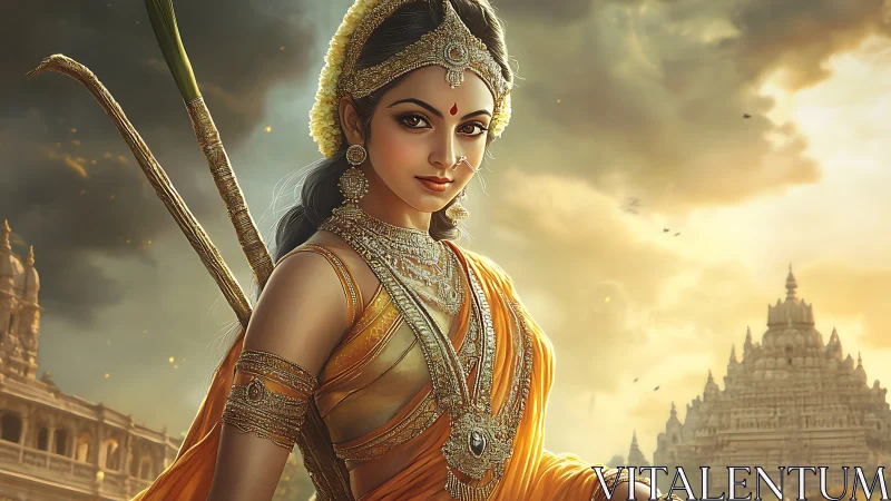 Radiant warrior goddess in golden temple twilight glow.