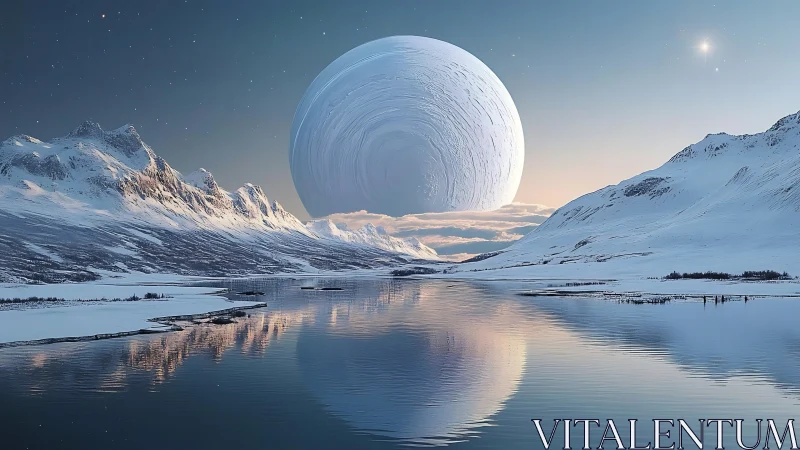Giant icy planet rises above tranquil polar lake at dusk