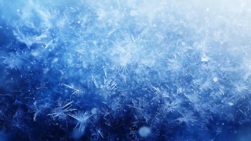 Macro Photograph of Intricate Frost Crystals with Cool Blue Tones.