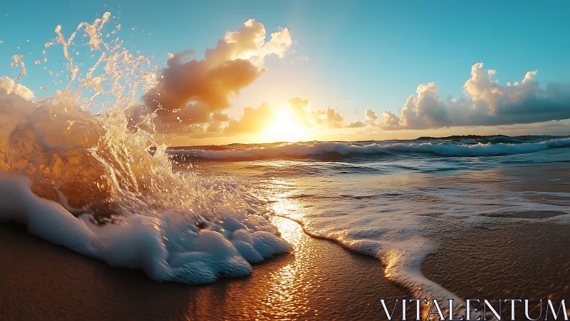 Surf-lit sunrise where foamy waves chase the glowing day.