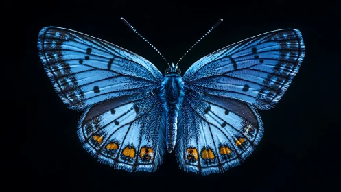 Blue butterfly macro study with luminous wing detail.