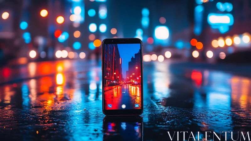 Smartphone reflects neon city lights on wet night street
