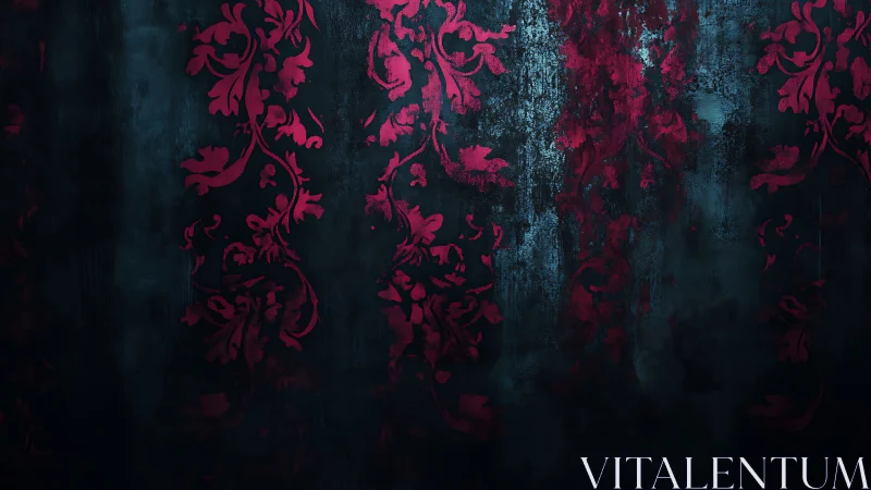 Crimson flourishes on weathered midnight walls glow softly.